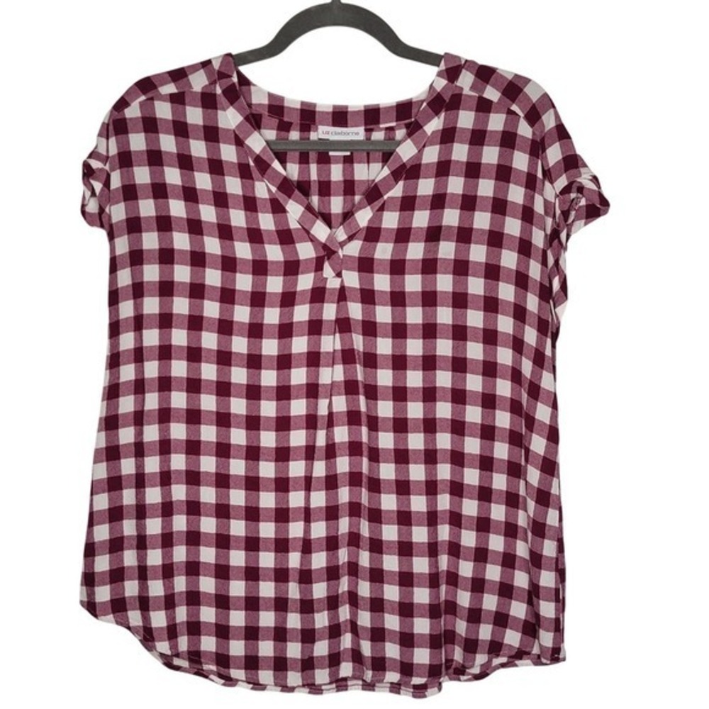 Liz Claiborne Womens  Top Size L Red White Plaid V Neck Country Cuffed Sleeve - Picture 2 of 9